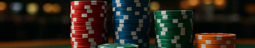 Stacks of colorful poker chips on a green felt table in a casino setting.