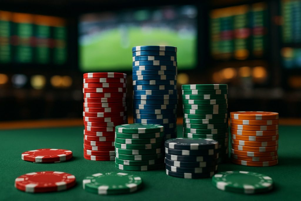 Stacks of colorful poker chips on a green felt table in a casino setting.