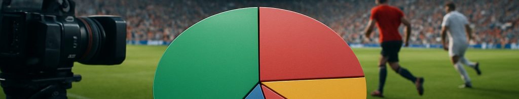 A colorful pie chart on a table in a stadium, with football players in the background.