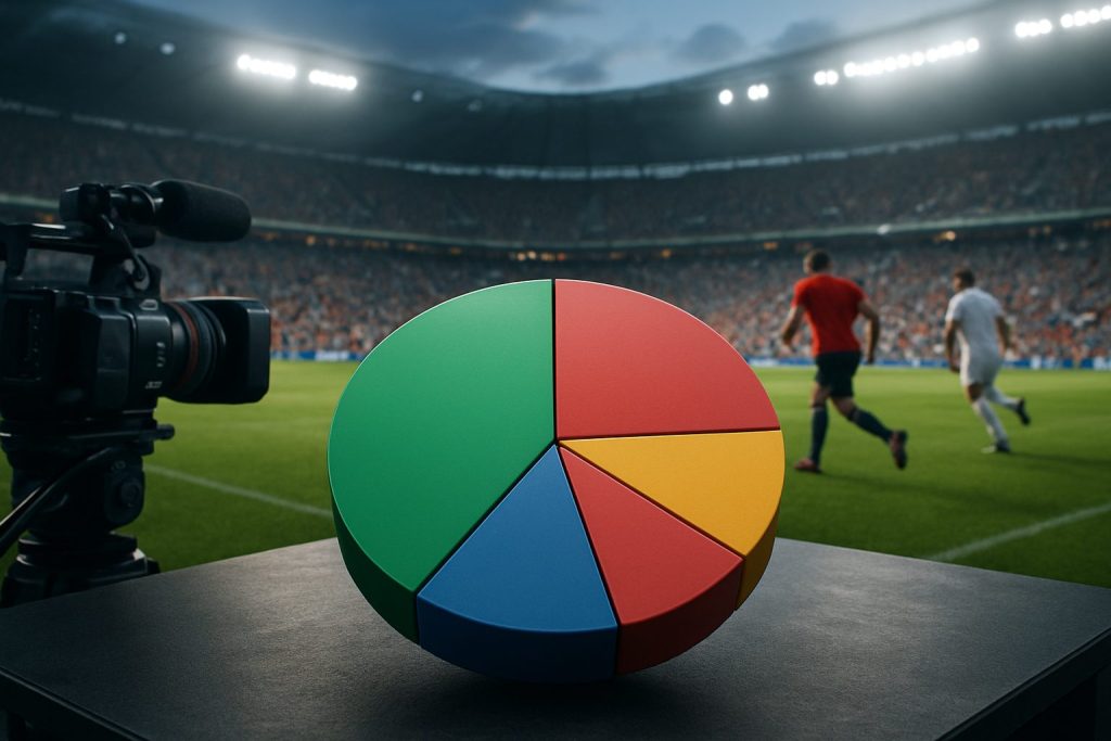 A colorful pie chart on a table in a stadium, with football players in the background.