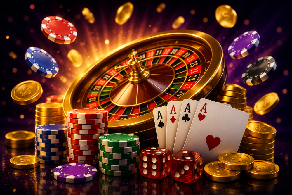 A collection of poker chips, playing cards, and casino elements on a vibrant background